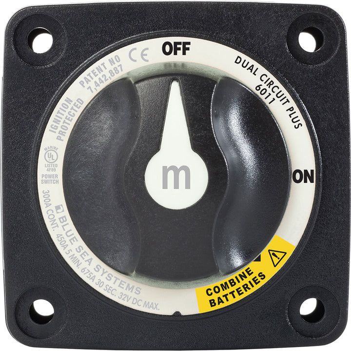 Blue Sea Systems 6011200 M-Series Battery Switch Dual Circuit Plus in black, showing the compact battery management switch with dual circuit design.