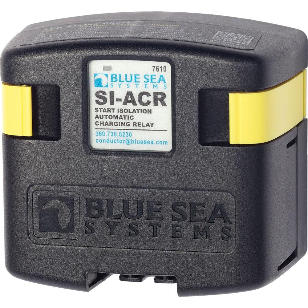 Blue Sea 7610 120 Amp SI-Series Automatic Charging Relay for battery management, shown connected to battery terminals.