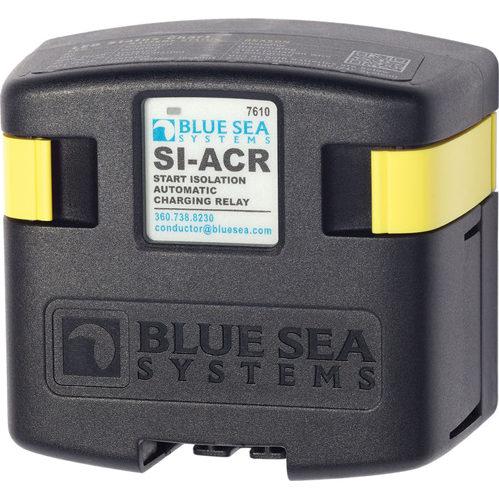Blue Sea 7610 120 Amp SI-Series Automatic Charging Relay for battery management, shown connected to battery terminals.