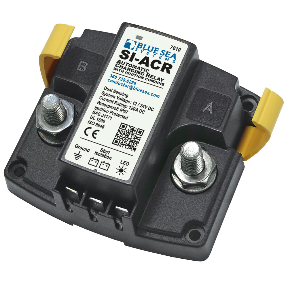 Blue Sea Systems 7610 120 Amp SI-Series Automatic Charging Relay for battery management, showing the relay device with wiring terminals