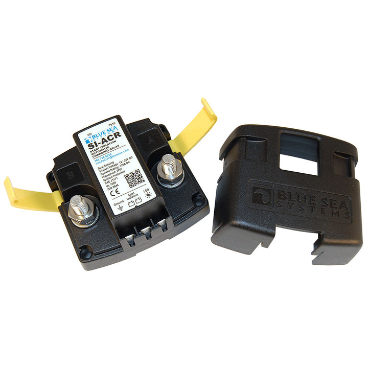 Blue Sea Systems 7610 120 Amp SI-Series Automatic Charging Relay for battery management, with blue casing and control terminals visible.