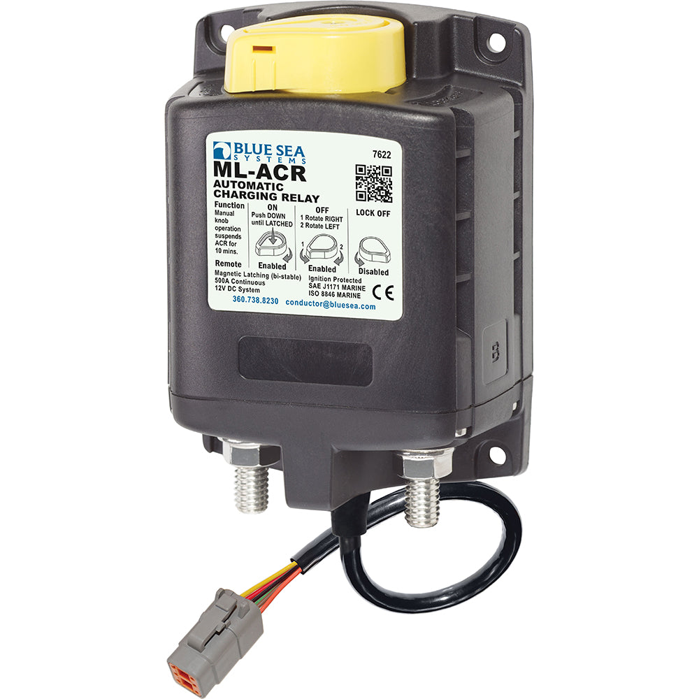 Blue Sea Systems 7622100 ML ACR charging relay with manual control, 12V, 500A, Deutsch connector, used for battery management.