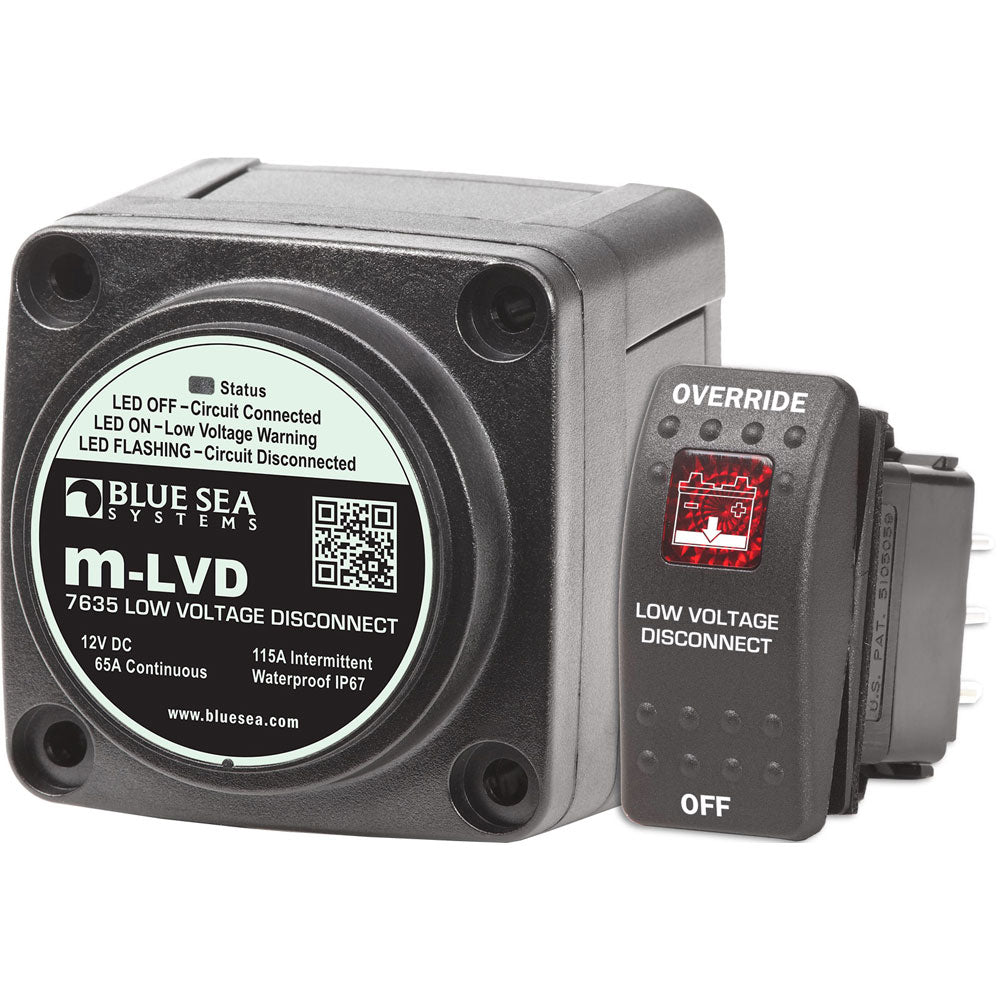 Blue Sea Systems Blue Sea 7635 m-LVD Low Voltage Disconnect for battery management, showing the device with terminals and control switch.