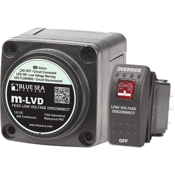 Blue Sea Systems Blue Sea 7635 m-LVD Low Voltage Disconnect for battery management, showing the device with terminals and control switch.