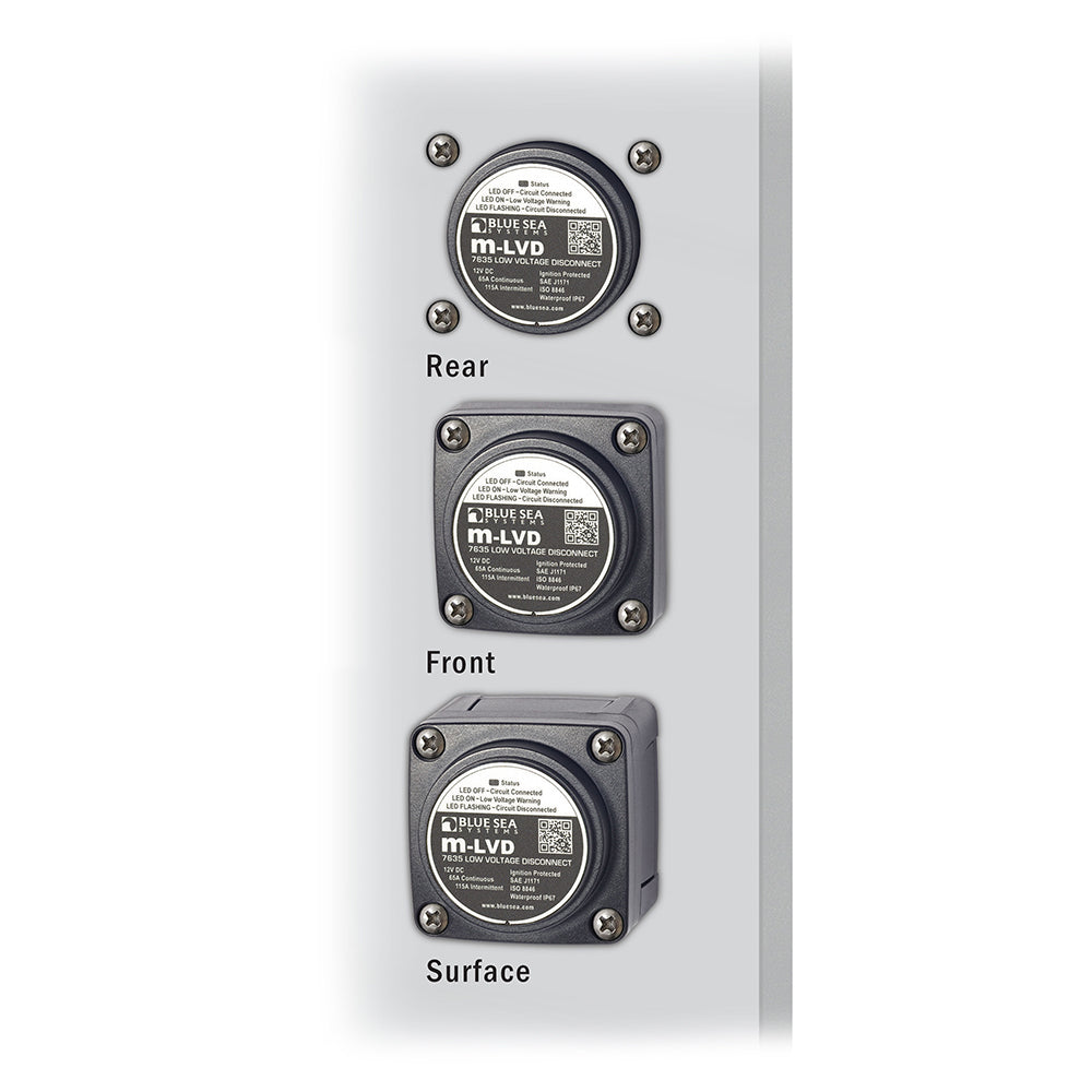 Blue Sea Systems 7635 m-LVD Low Voltage Disconnect for battery management, showing the battery disconnect device in a vehicle or marine setup.