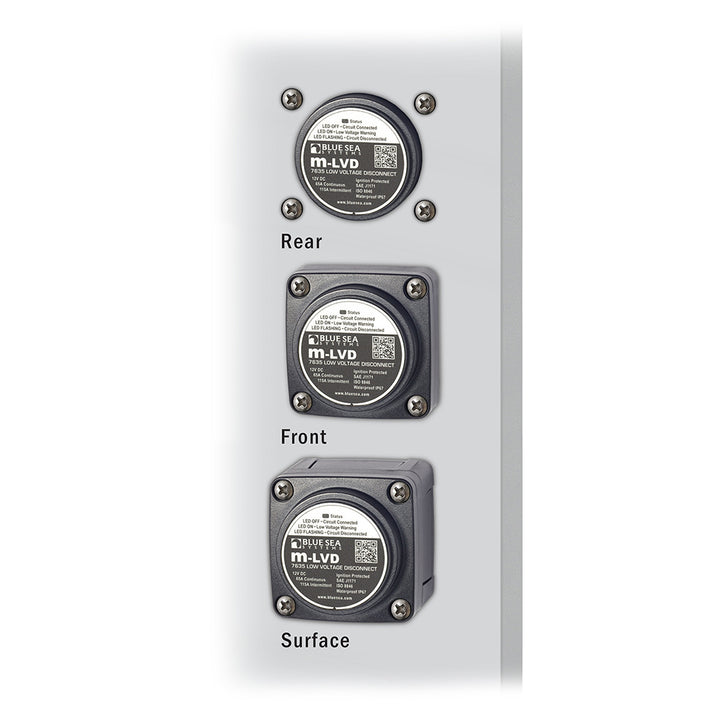 Blue Sea Systems 7635 m-LVD Low Voltage Disconnect for battery management, showing the battery disconnect device in a vehicle or marine setup.