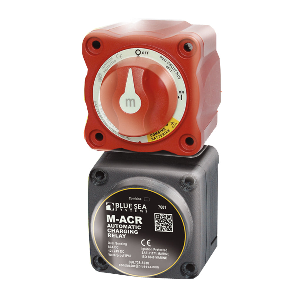 Blue Sea Systems Mini Add-A-Battery Kit in boxed packaging, a compact battery management solution for marine and RV use.