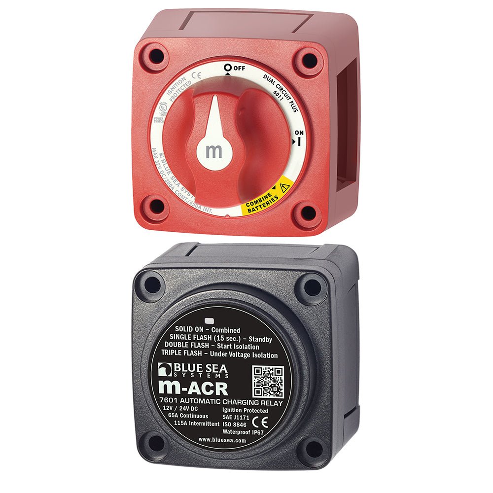 Blue Sea Systems Mini Add-A-Battery Kit for battery management, shown with compact components and wiring for easy installation