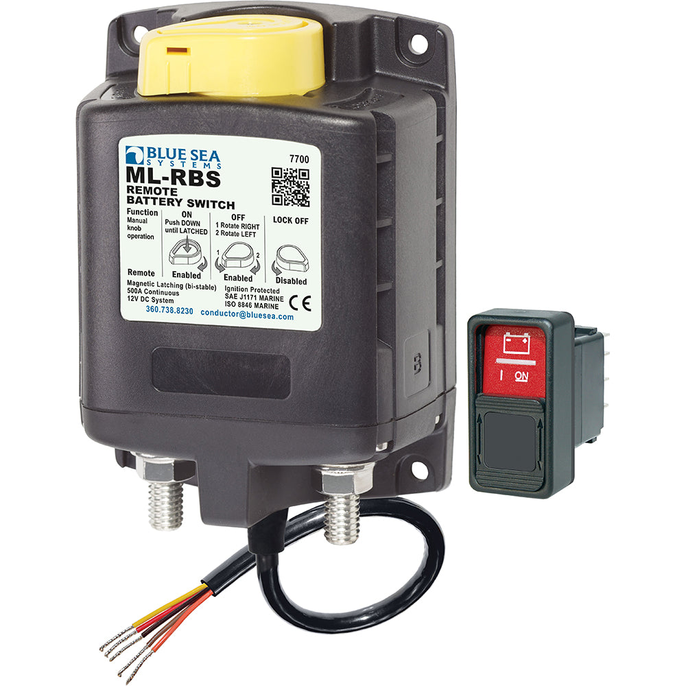 Blue Sea Systems 7700 ML-Series remote battery switch with manual control for 12VDC, used in battery management systems.