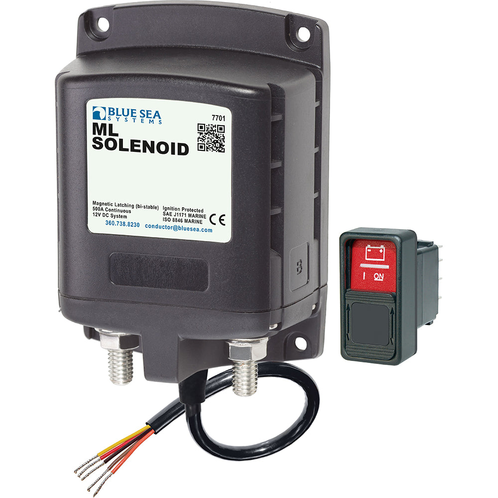Blue Sea Systems 7701 ML-Series Solenoid with Contura switch for 12V DC battery management, shown with blue casing and switch interface.