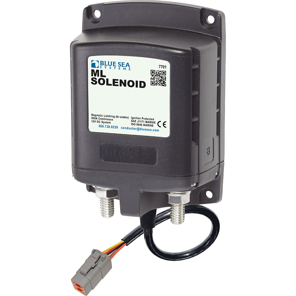Blue Sea Systems 7701100 ML 12V 500A solenoid with Deutsch connector for battery management system.
