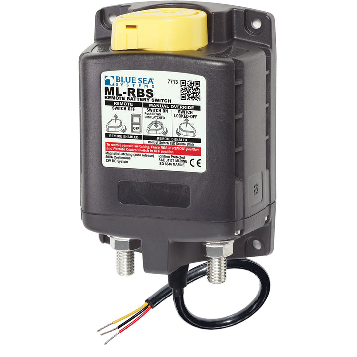 Blue Sea Systems 7713 ML-RBS remote battery switch with manual control release for 12V battery management system.