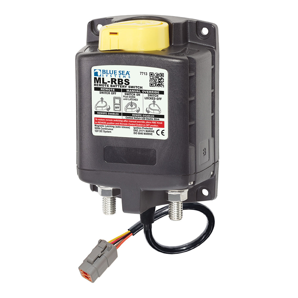 Blue Sea Systems 7713100 ML-RBS remote battery switch with manual control and Deutsch connector for 12V battery management.