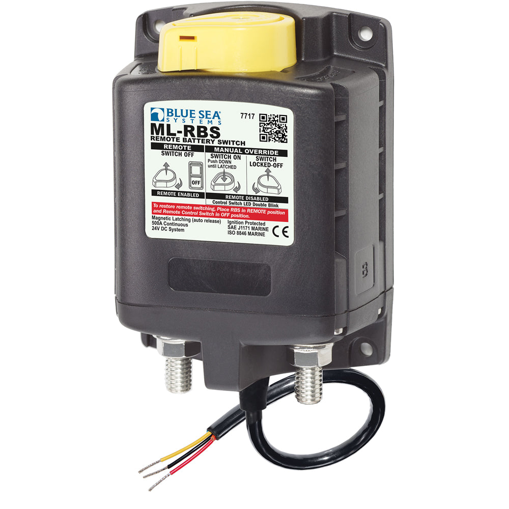 Blue Sea Systems 7717 ML-RBS remote battery switch with manual control and auto-release for 24V marine or vehicle battery management.