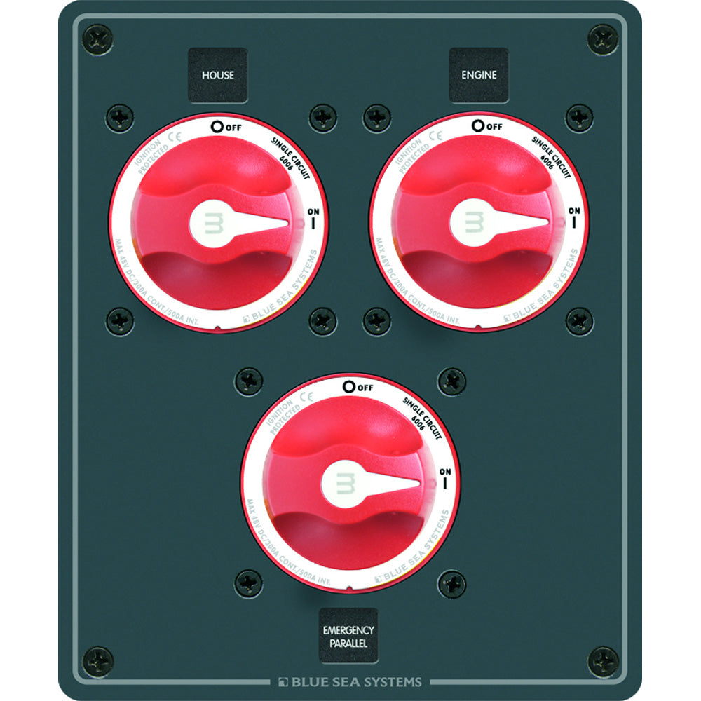 Blue Sea Systems battery management switch with three ON/OFF circuit controls, blue device with black switches.
