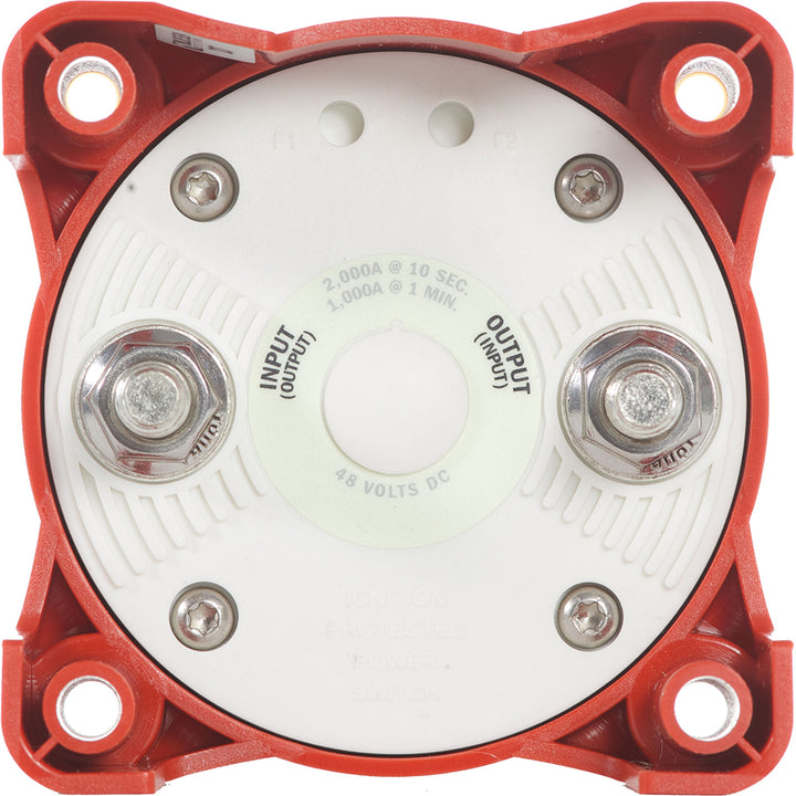 Blue Sea Systems 9003e e-Series Battery Switch for single circuit ON/OFF control, used in battery management systems.