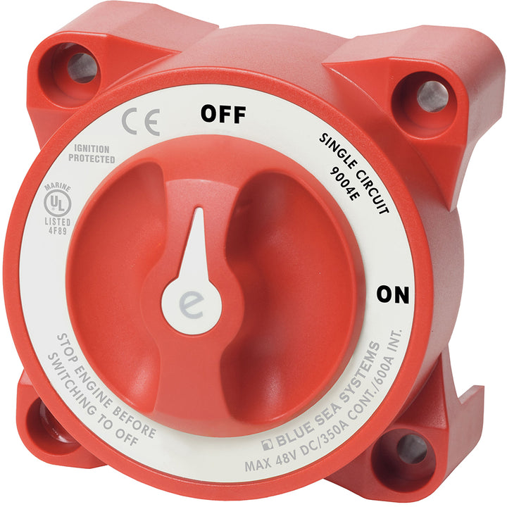 Blue Sea Systems 9004e e-Series Battery Switch for single circuit ON/OFF with alternator field disconnect, part of battery management systems.