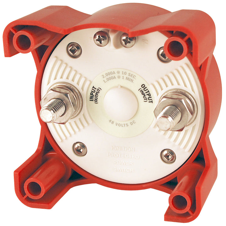 Blue Sea Systems 9004e e-Series battery switch with ON/OFF control and alternator field disconnect for marine and RV battery management.