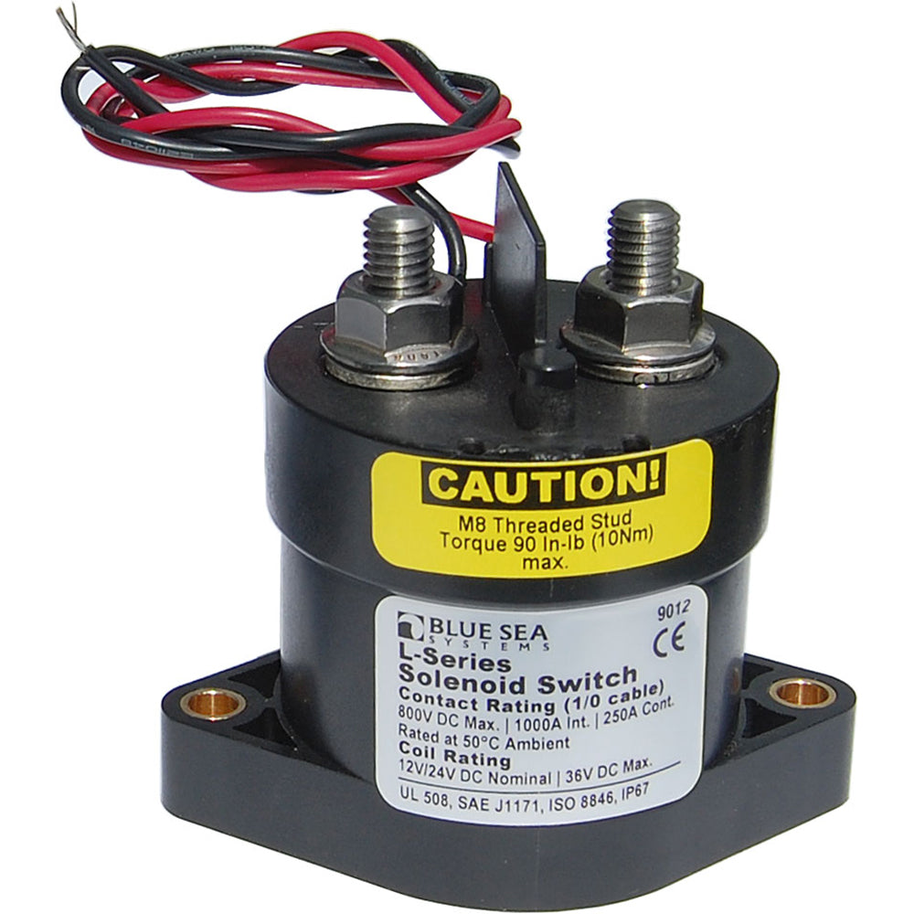 Blue Sea Systems 9012L Solenoid Switch for battery management, 12-24VDC, 250A, shown in a close-up view.