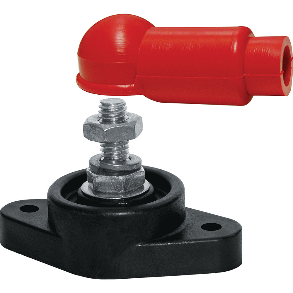 Blue Sea Systems Power Post high amperage cable connector with 1/4-inch stud for busbars, blue and metallic finish.