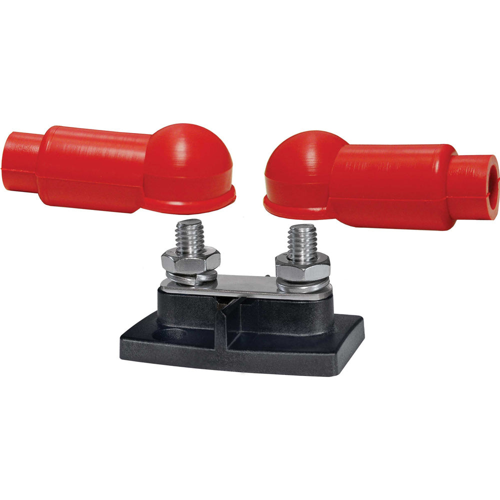Blue Sea Systems PowerBar 2019 dual busbar with 3/8" x 16" terminals for connecting electrical circuits.