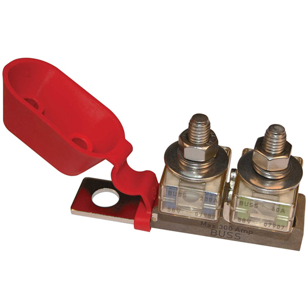 Blue Sea Systems 2151 terminal fuse block with 3/8-inch mounting hole and two terminal studs for electrical connections.