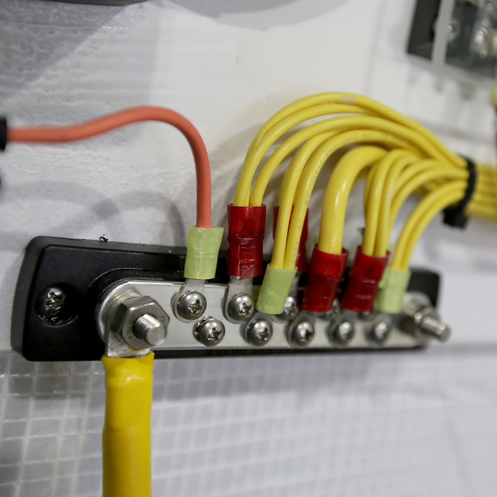 Blue Sea Systems 2300 150AMP common busbar with cover and 10 #8-32 screw terminals for electrical connections.