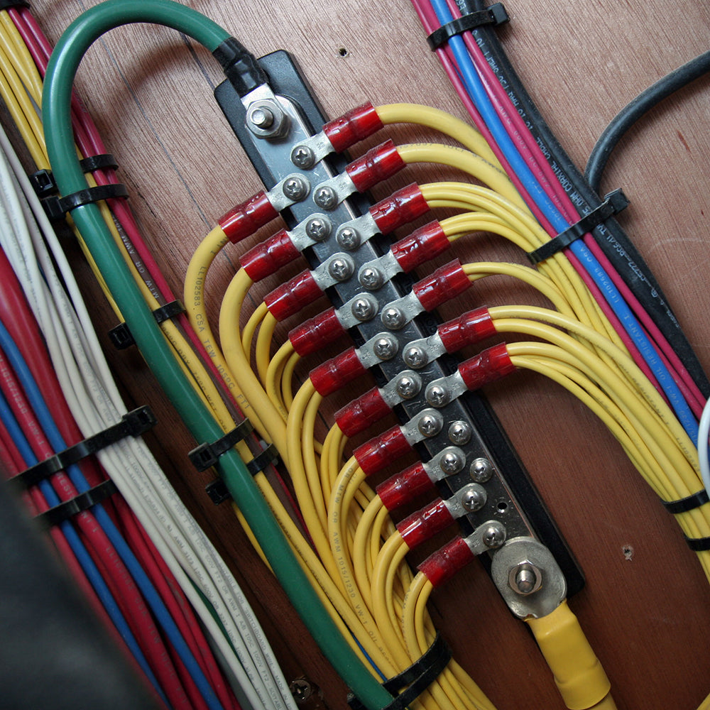 Blue Sea Systems 2302 150AMP common busbar with 20 x 8-32 screw terminals for electrical connections.