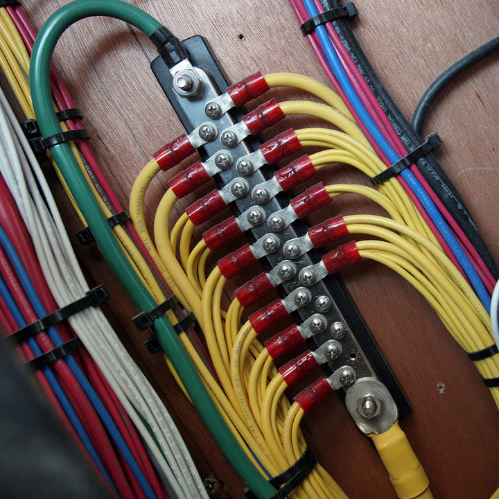 Blue Sea Systems 2302 150AMP common busbar with 20 x 8-32 screw terminals for electrical connections.