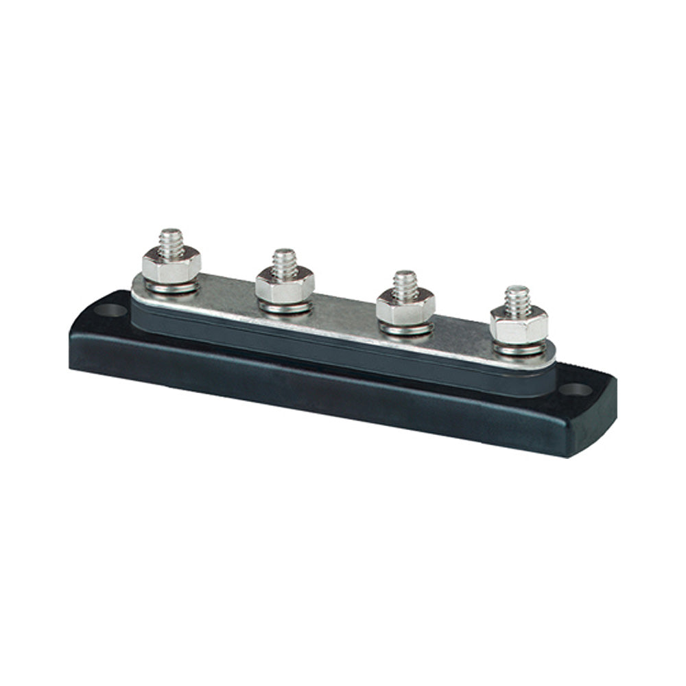 Blue Sea 2305 MiniBus 100 Ampere Common BusBar with four 10-32 stud terminals, used for electrical connections in marine systems.
