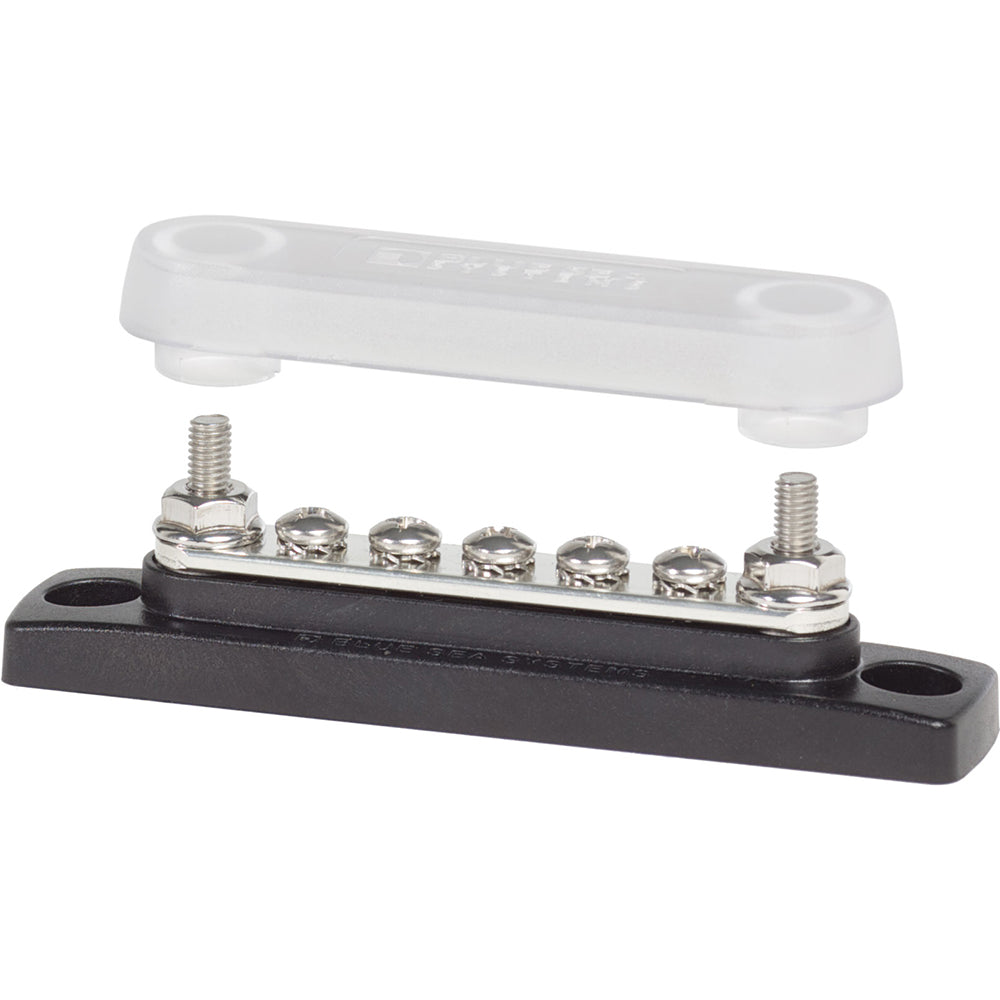 Blue Sea Systems MiniBus 2314 100-Ampere common busbar with 5 x 8-32 screw terminals and protective cover for electrical connections.
