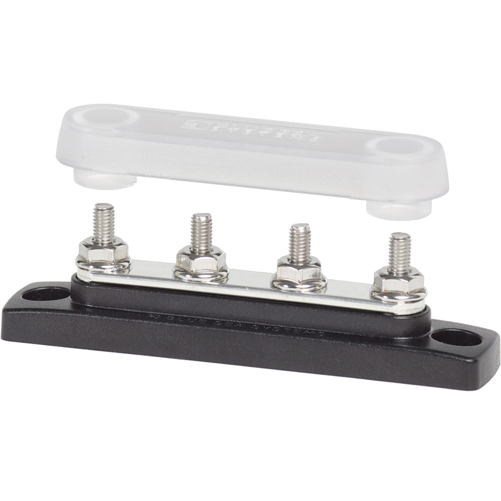 Blue Sea Systems 2315 MiniBus 100 Ampere common busbar with four 10-32 stud terminals and protective cover, for electrical connections.