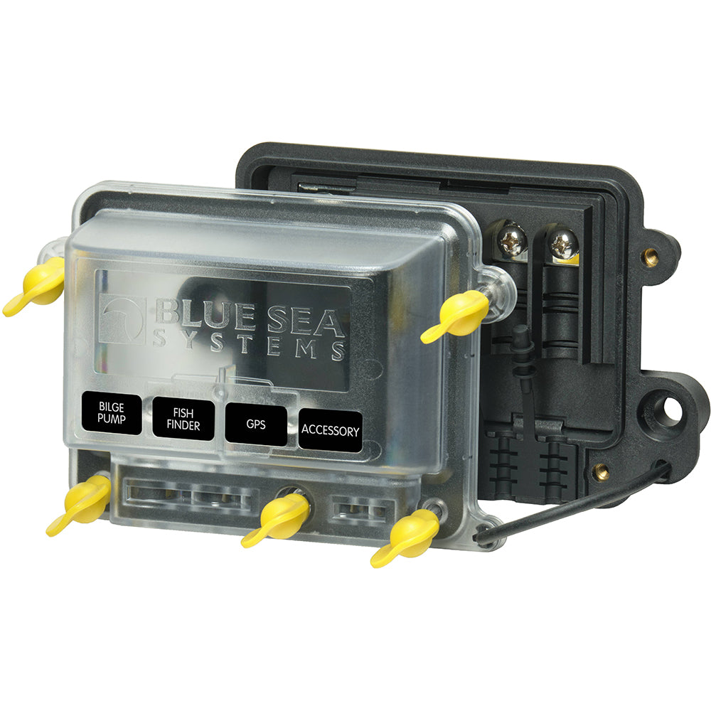 Blue Sea Systems water-resistant 100A busbar with cover, designed for electrical connections in marine or outdoor applications.