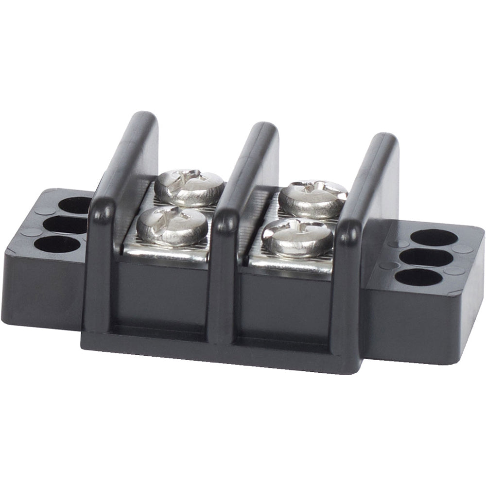 Blue Sea Systems 2502 30AMP terminal block with 2 circuits for busbars, connectors, and insulators in a clean industrial setup.