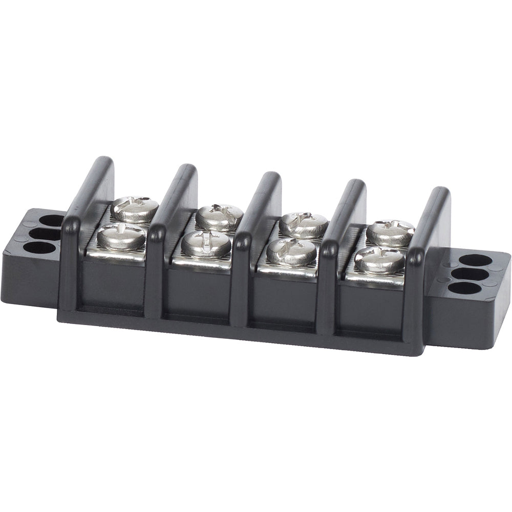 Blue Sea 2504 terminal block with 4 circuits and 30AMP capacity, used as busbar connector for electrical wiring.