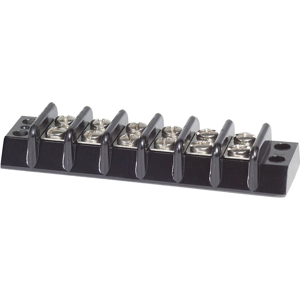 Blue Sea Systems 2506 30AMP terminal block with 6 circuits, used for busbars, connectors, and insulators in electrical setups.