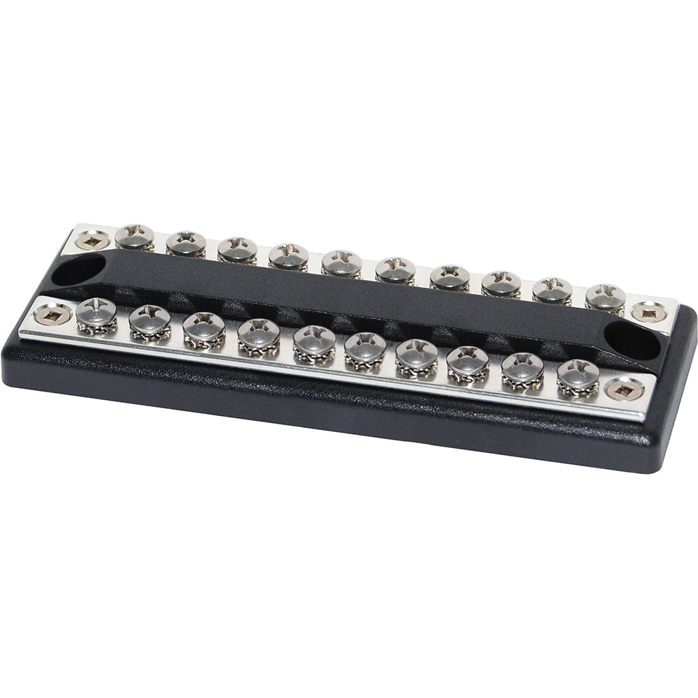 Blue Sea Systems 2702 DualBus 100AMP common busbar with 10 x 8-32 screw terminals for electrical connections.