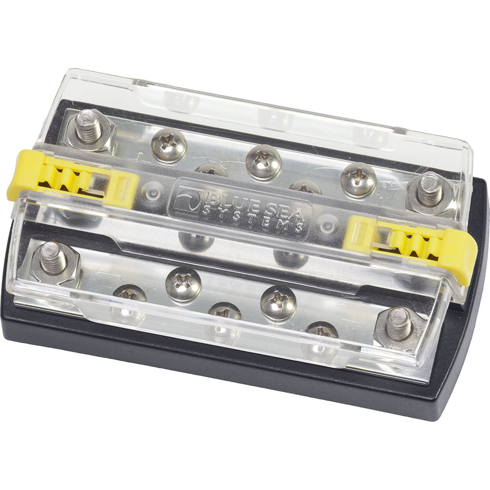 Blue Sea Systems DualBus Plus 5/16" Stud busbar with 5x10 screw terminal, used for electrical connections and distribution.