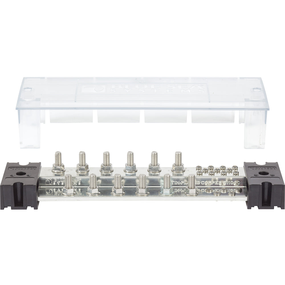 Blue Sea PowerBar 1000 busbar with 12 3/8" terminal studs and protective cover, used in electrical connections.