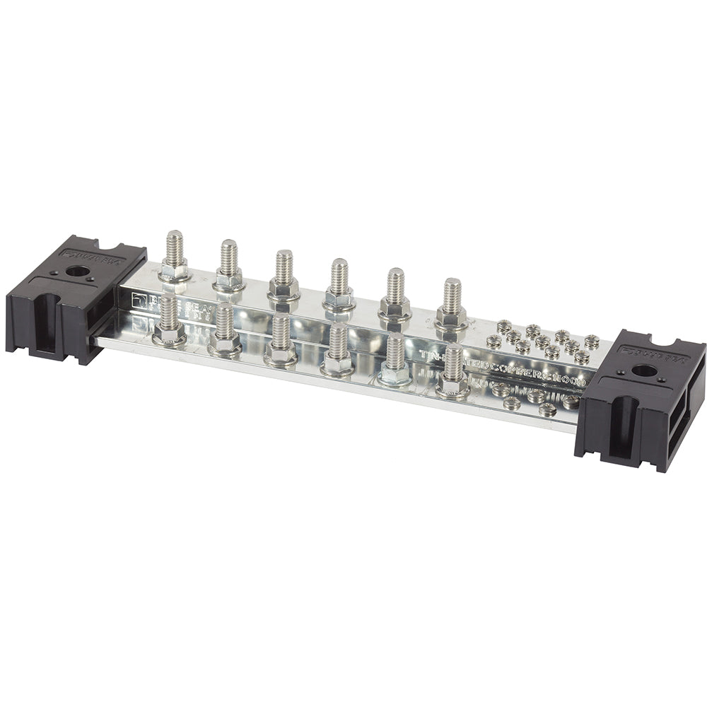 Blue Sea PowerBar 1000 busbar with 12 3/8" terminal studs and cover, used for electrical connections and distribution.