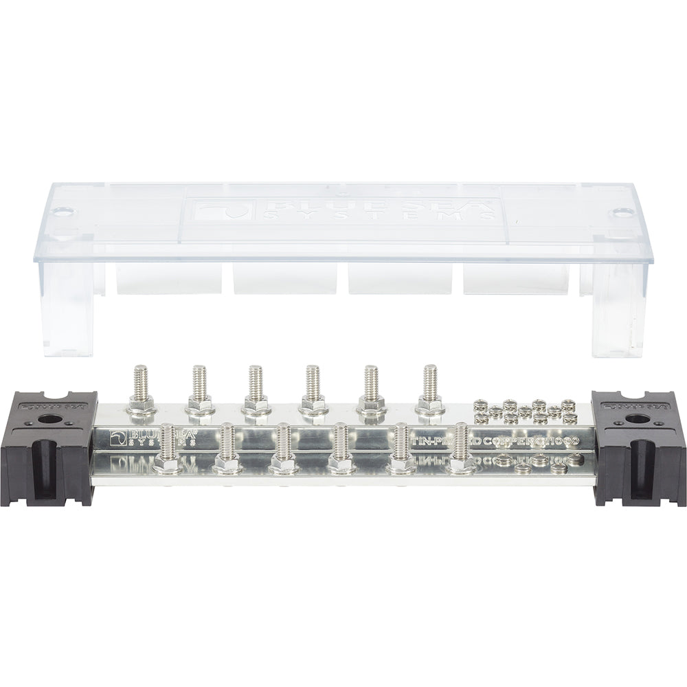 Blue Sea PowerBar 1000 busbar with 12 5/16" terminal studs and cover, used for electrical connections and power distribution.