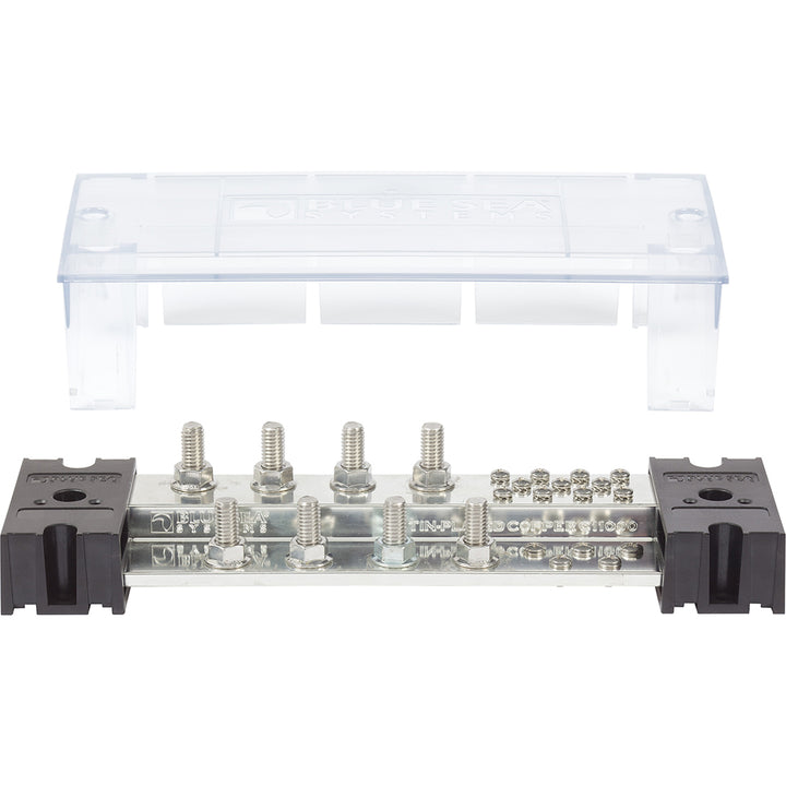 Blue Sea PowerBar 1000 busbar with 8 3/8" terminal studs and cover for electrical connections, by Blue Sea Systems.