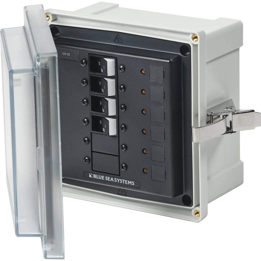 Blue Sea Systems SMS Panel Enclosure with four branch circuit breakers for 12/24V DC systems, shown open with wiring inside.