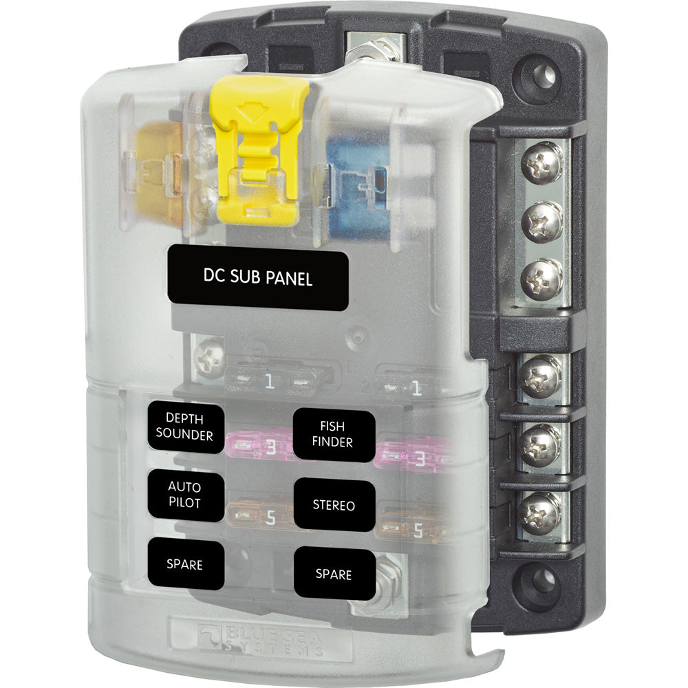 Blue Sea Systems 5025 ST Blade Fuse Block with cover, 6 circuit slots, and negative bus for automotive or marine electrical systems.