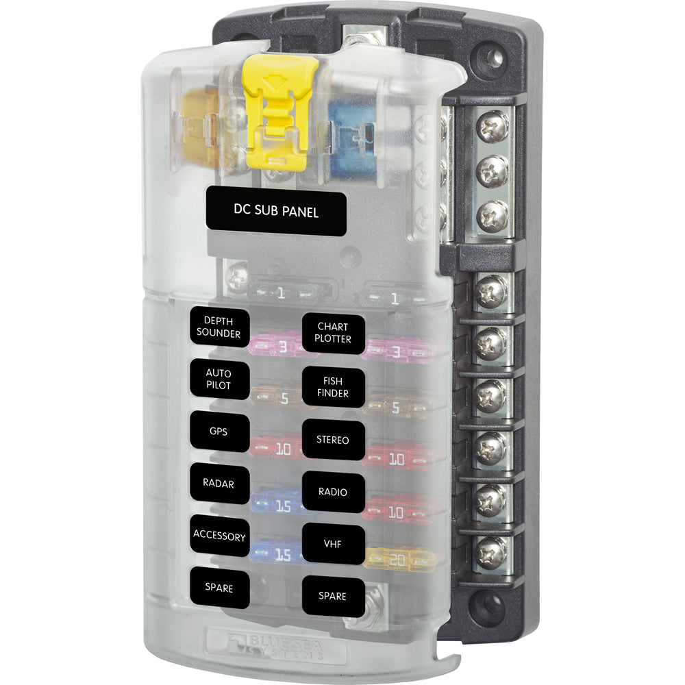 Blue Sea Systems 5026 ST Blade Fuse Block with cover, 12 circuit slots, and negative bus for automotive or marine wiring.