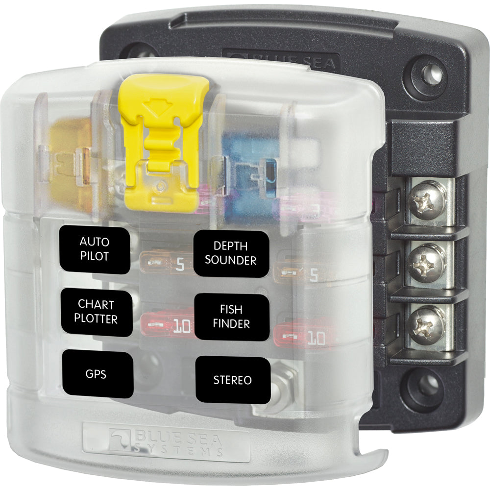 Blue Sea Systems 5028 ST Blade Fuse Block with cover, 6-circuit circuit breaker panel without negative bus, for electrical protection.