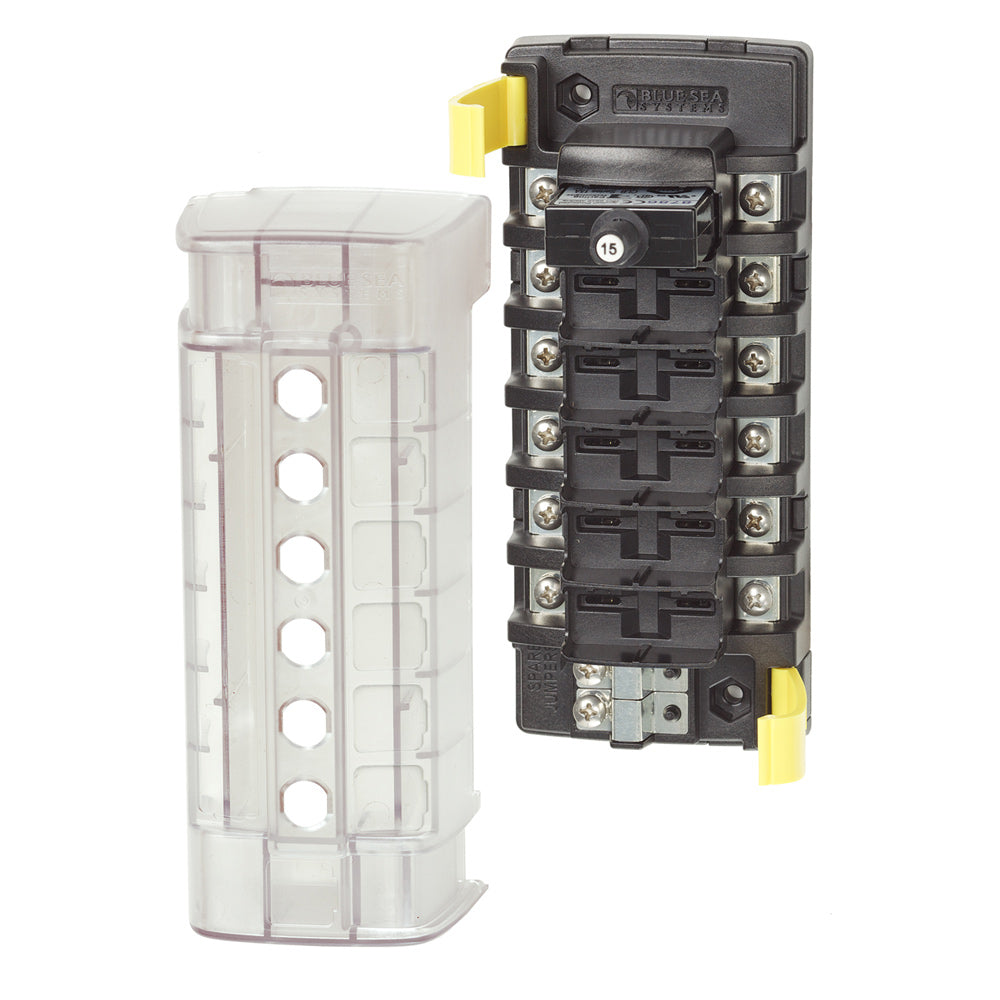 Blue Sea Systems 5050 ST CLB Circuit Breaker Block with 6 positions, blue plastic housing and metal terminals for electrical connections.