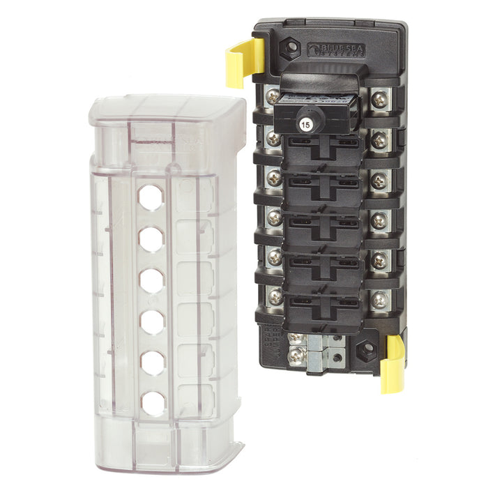 Blue Sea Systems 5050 ST CLB Circuit Breaker Block with 6 positions, blue plastic housing and metal terminals for electrical connections.