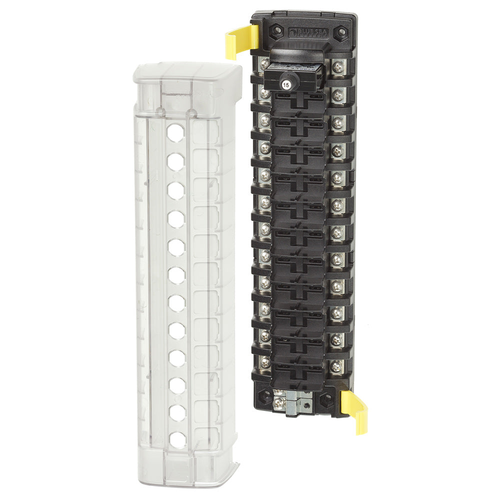 Blue Sea Systems 5051 ST CLB circuit breaker block with 12 positions, featuring blue and black components for electrical distribution.