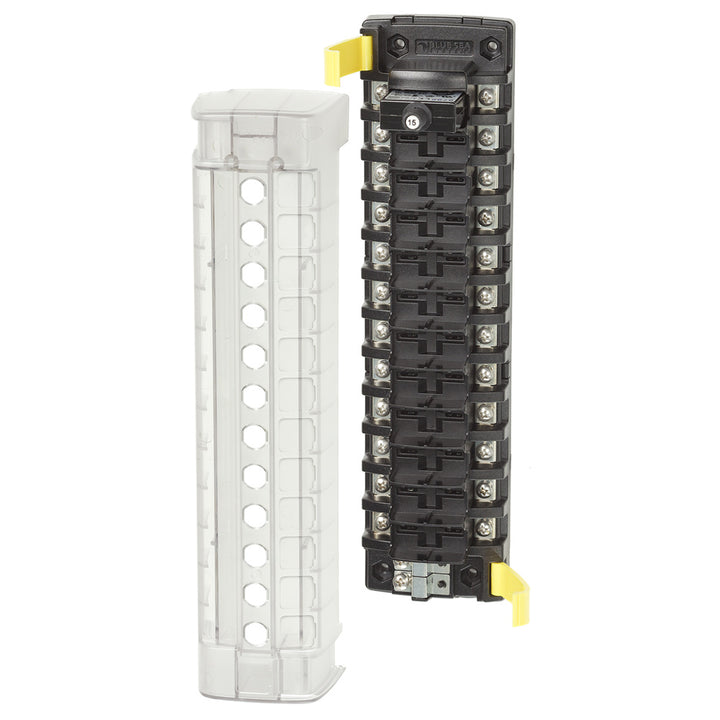 Blue Sea Systems 5051 ST CLB circuit breaker block with 12 positions, featuring blue and black components for electrical distribution.